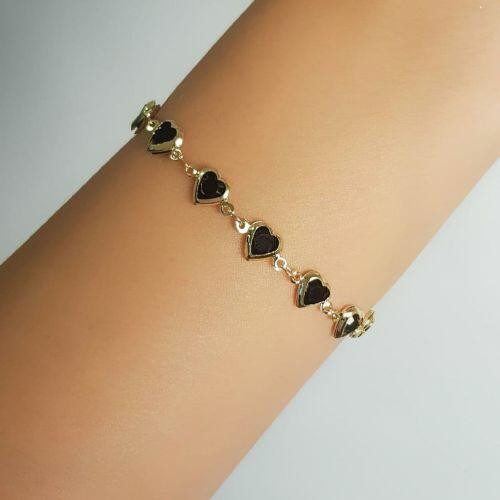 Pulseira Cora��es Cristal Negra Banhado a Ouro