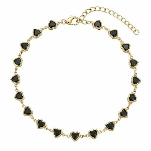 Pulseira Cora��es Cristal Negra Banhado a Ouro
