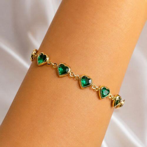 Pulseira Cora��es Cristal Esmeralda Banhado a Ouro