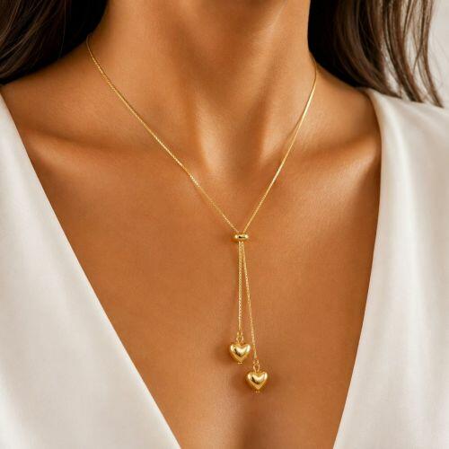 Colar Gravatinha Regul�vel com 2 Cora��es Lisos Banhado em Ouro18k