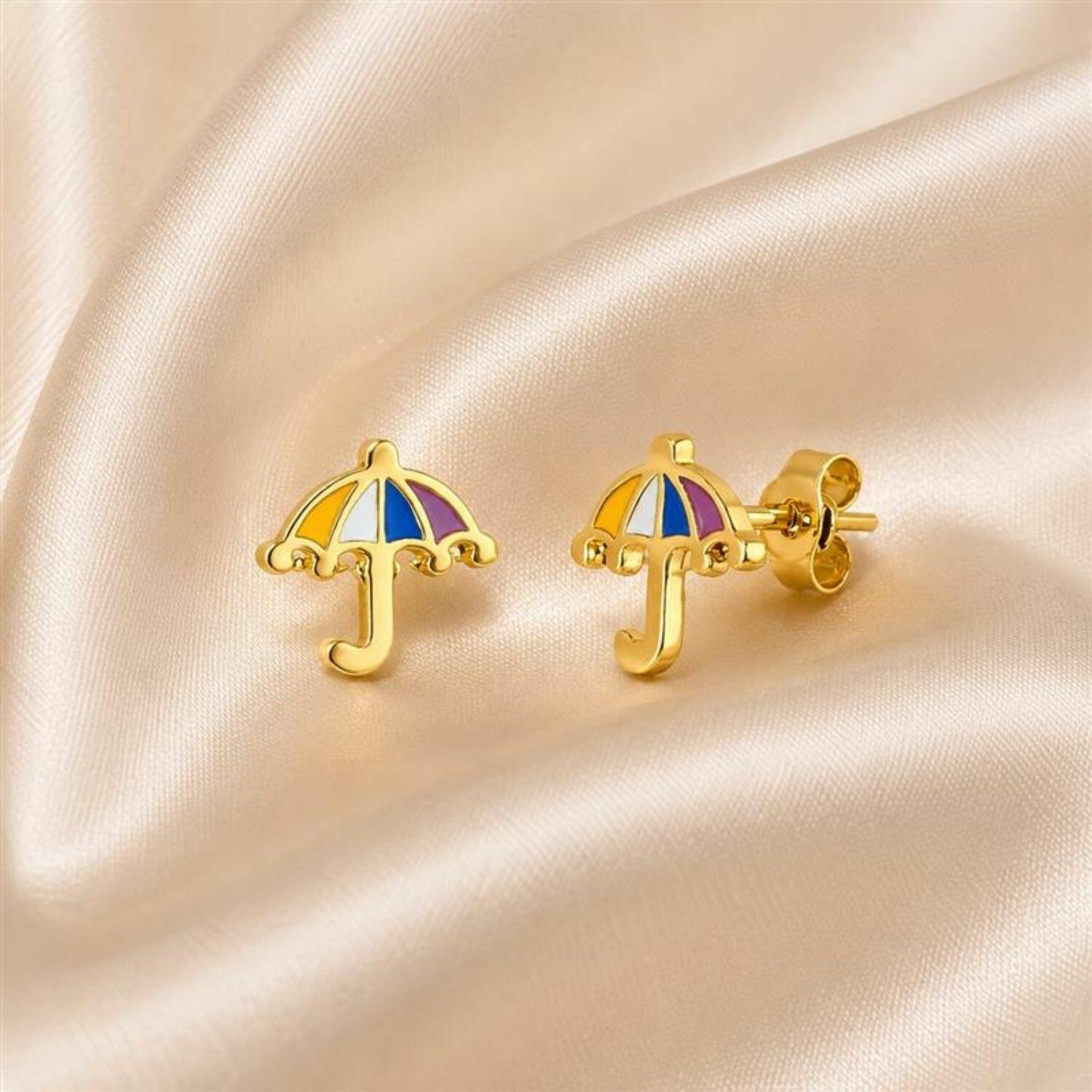 Brinco Infantil Resina Guarda Chuva Banhado em Ouro18k