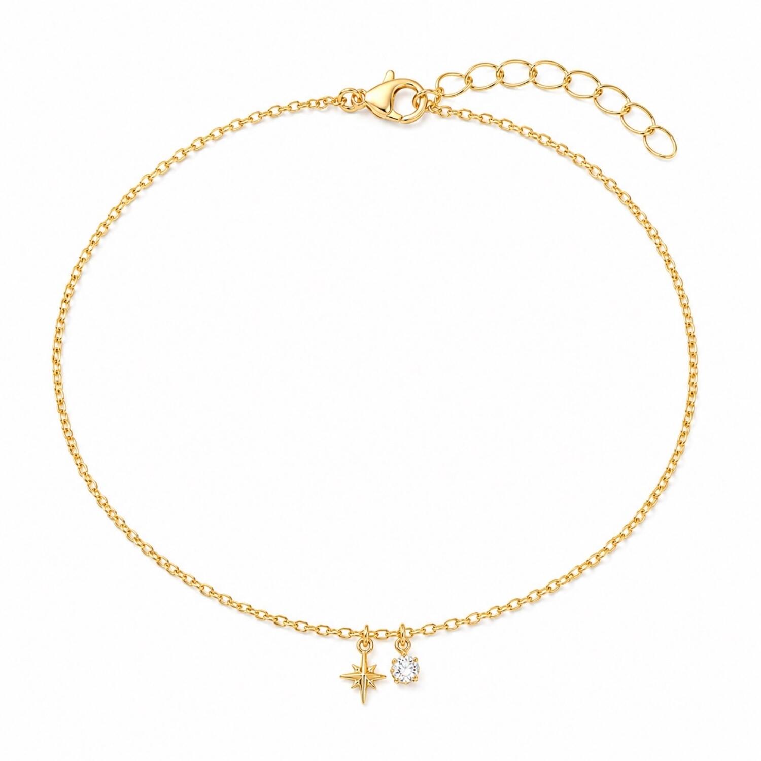Tornozeleira Mini Elo Estrela Cadente com Ponto de Luz Banhado em Ouro 18K