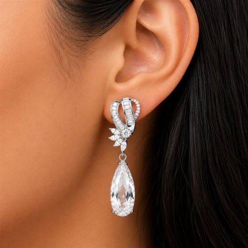 Brinco Luxury Gota Zirc�nia Baguette e Navete Cristal Banhado a Prata