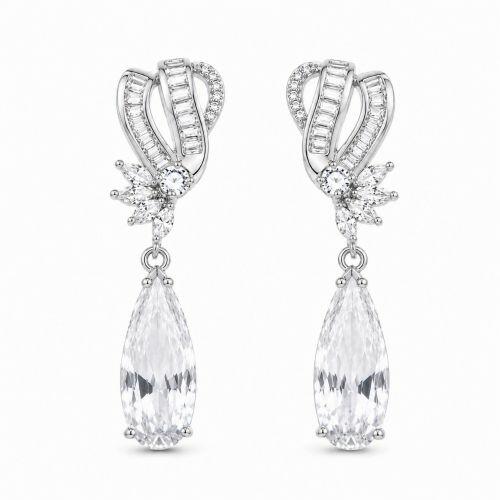 Brinco Luxury Gota Zirc�nia Baguette e Navete Cristal Banhado a Prata