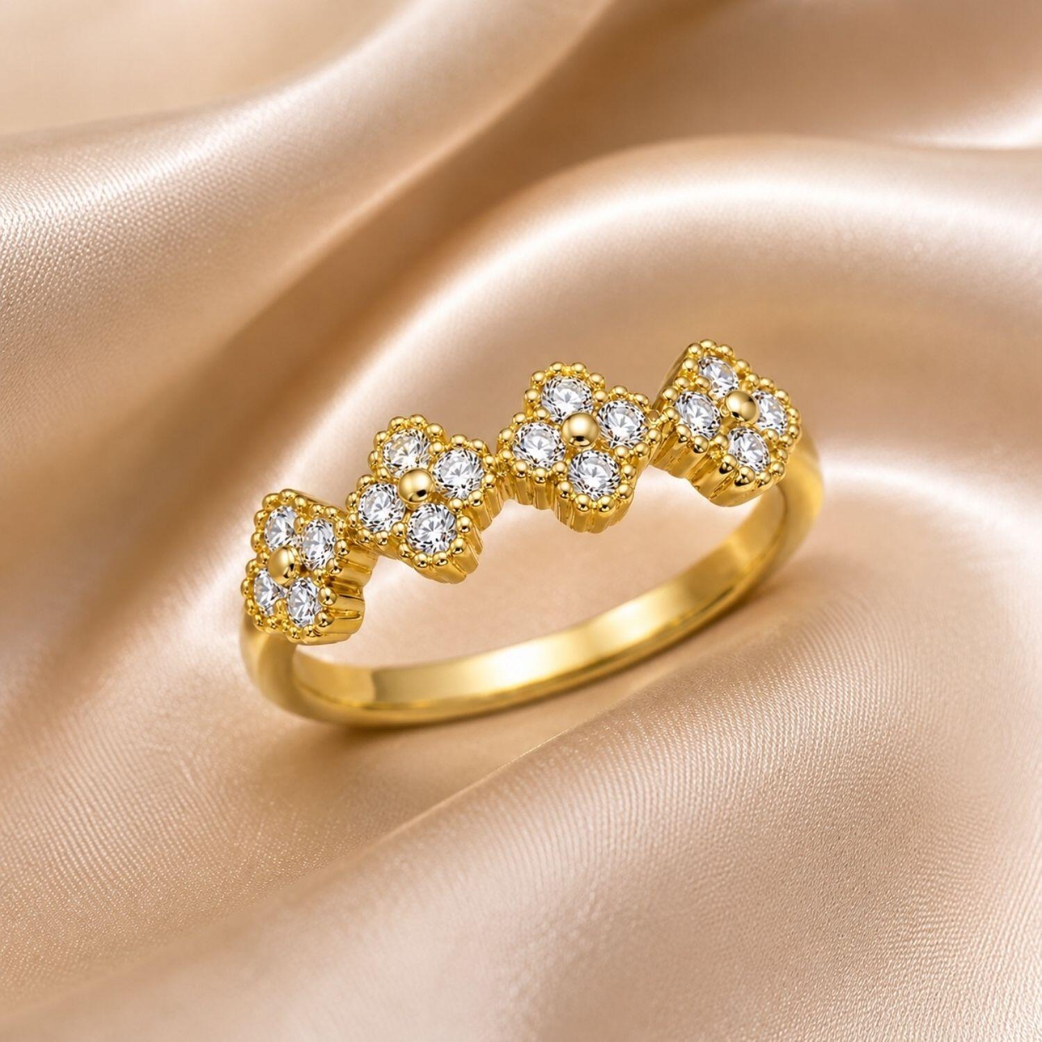 Anel 4 Flores Zircônia Cristal Banhado a Ouro