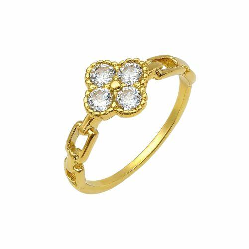 Anel Elos com Flor 4 Pétalas Zircônia Cristal Banhado a Ouro