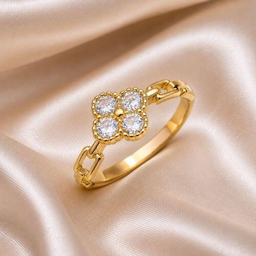 Anel Elos com Flor 4 Pétalas Zircônia Cristal Banhado a Ouro