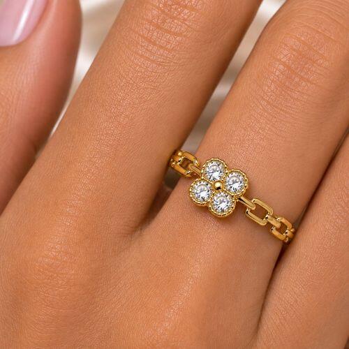 Anel Elos com Flor 4 P�talas Zirc�nia Cristal Banhado a Ouro