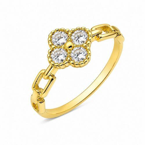 Anel Elos com Flor 4 P�talas Zirc�nia Cristal Banhado a Ouro