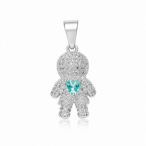 Pingente Menino Micro Zirc�nia Cristal com Cora��o Azul Banhado a Prata