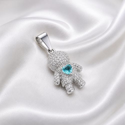 Pingente Menino Micro Zircônia Cristal com Coração Azul Banhado a Prata
