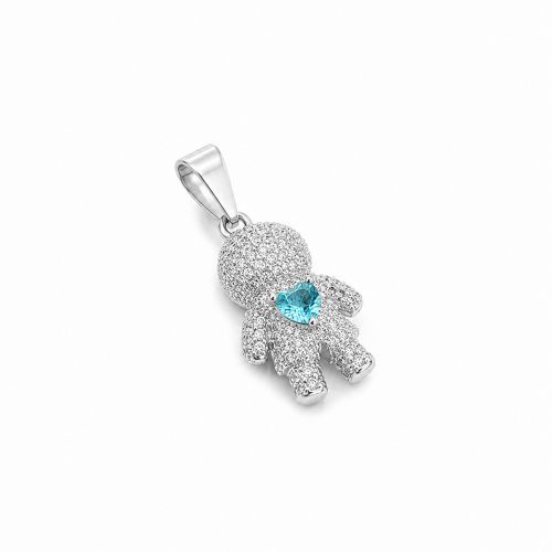 Pingente Menino Micro Zircônia Cristal com Coração Azul Banhado a Prata
