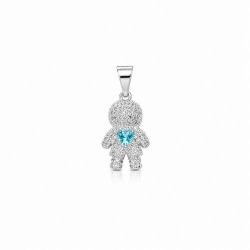Pingente Menino Micro Zirc�nia Cristal com Cora��o Azul Banhado a Prata