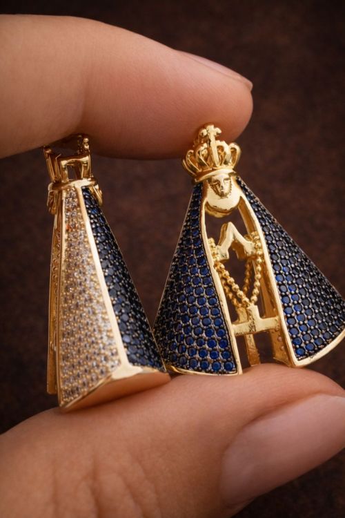 Colar Nossa Senhora Dupla Face com Zircônia Cristal e Azul Banhado em Ouro18k