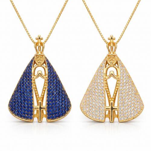 Colar Nossa Senhora Dupla Face com Zirc�nia Cristal e Azul Banhado em Ouro18k
