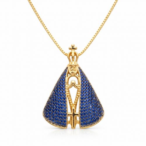 Colar Nossa Senhora Dupla Face com Zircônia Cristal e Azul Banhado em Ouro18k