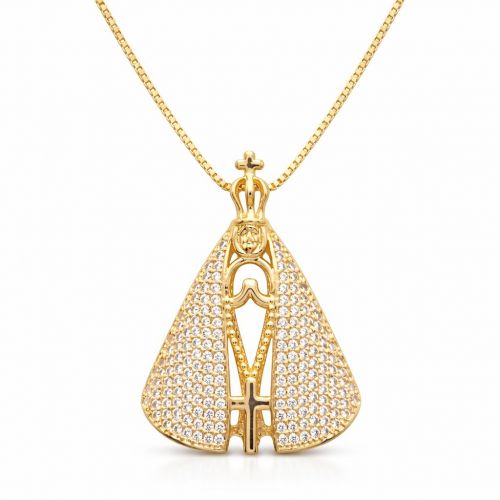 Colar Nossa Senhora Dupla Face com Zircônia Cristal e Azul Banhado em Ouro18k