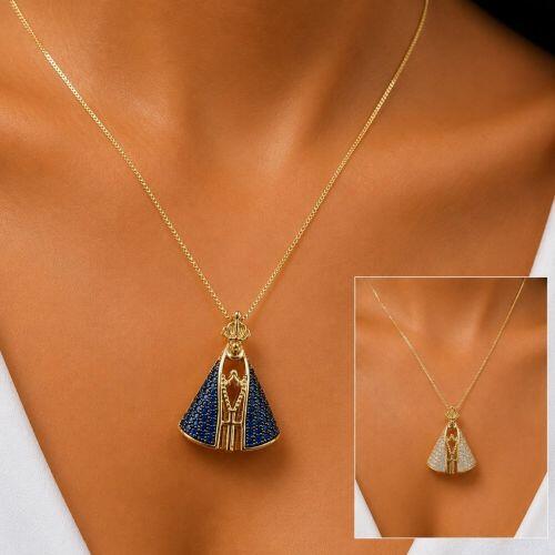 Colar Nossa Senhora Dupla Face com Zirc�nia Cristal e Azul Banhado em Ouro18k