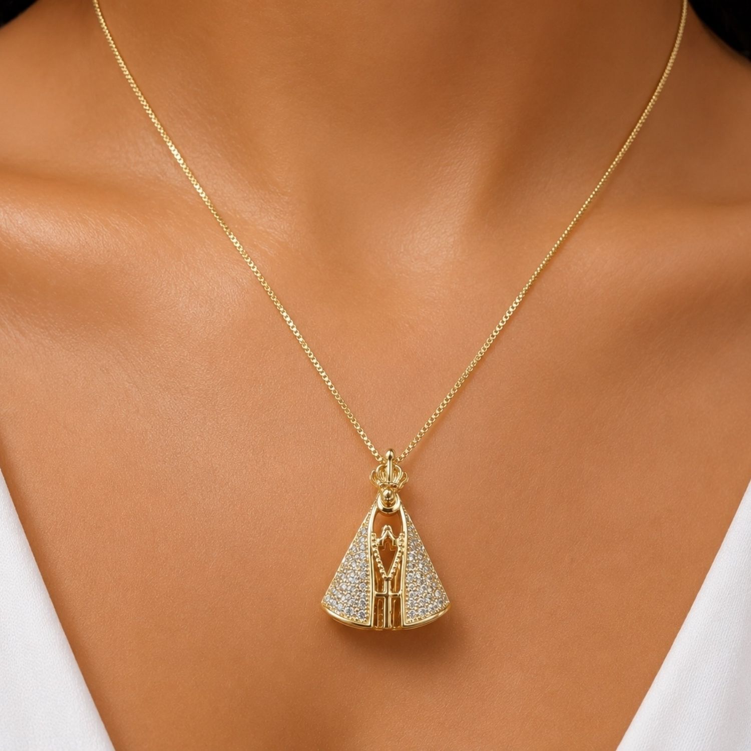 Colar Nossa Senhora Dupla Face com Zircônia Cristal e Azul Banhado em Ouro18k
