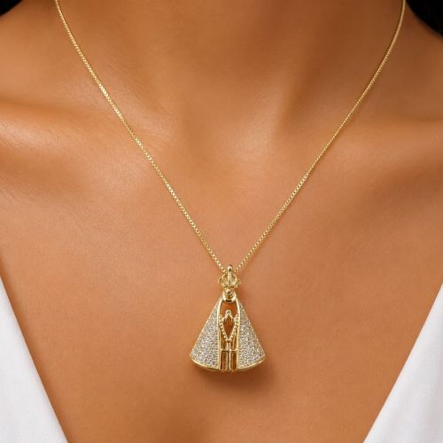 Colar Nossa Senhora Dupla Face com Zircônia Cristal e Azul Banhado em Ouro18k