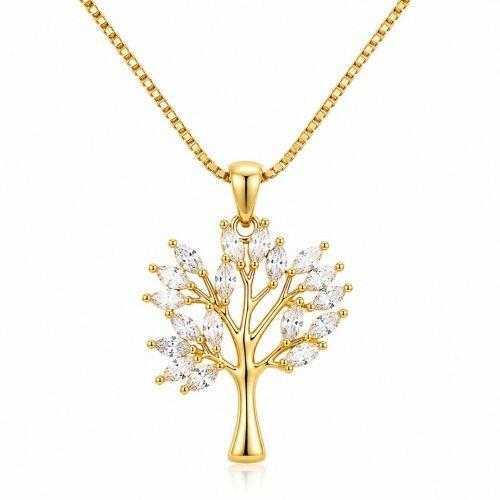 Colar �rvore da Vida com Zirc�nia Navete Cristal Banhado a Ouro