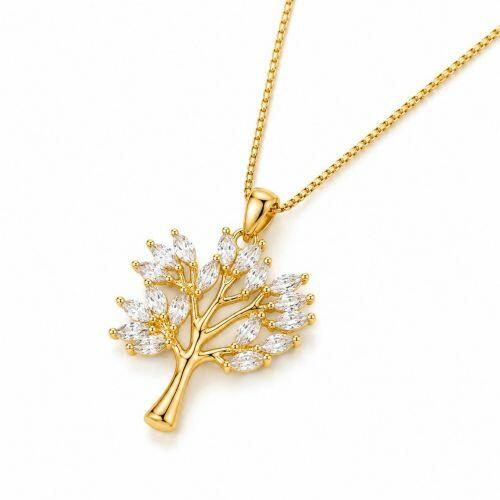 Colar Árvore da Vida com Zircônia Navete Cristal Banhado a Ouro