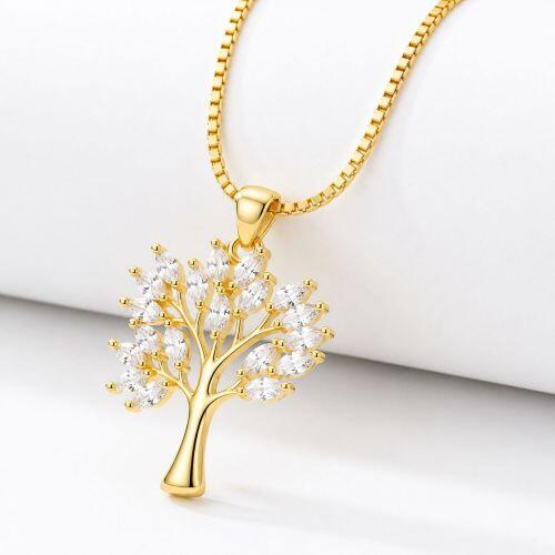 Colar Árvore da Vida com Zircônia Navete Cristal Banhado a Ouro