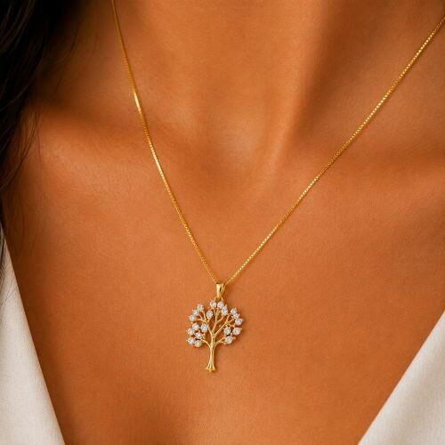 Colar �rvore da Vida com Zirc�nia Navete Cristal Banhado a Ouro