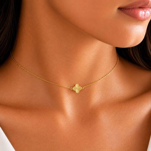 Choker Mini Elo com Flor 4 P�talas Banhado a Ouro