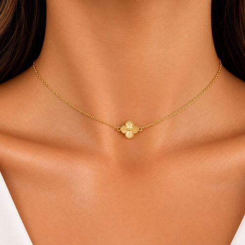 Choker Mini Elo com Flor 4 Pétalas Banhado a Ouro
