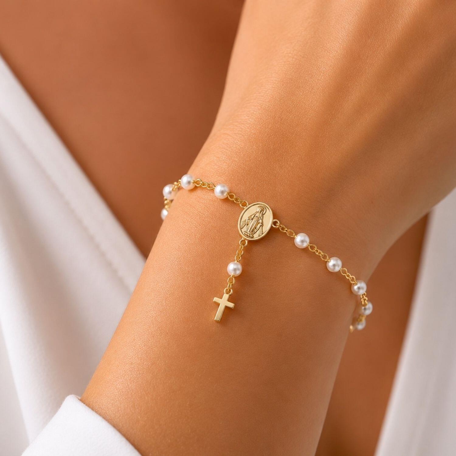 Pulseira Terço Pérola Nossa Senhora Milagrosa Banhado a Ouro