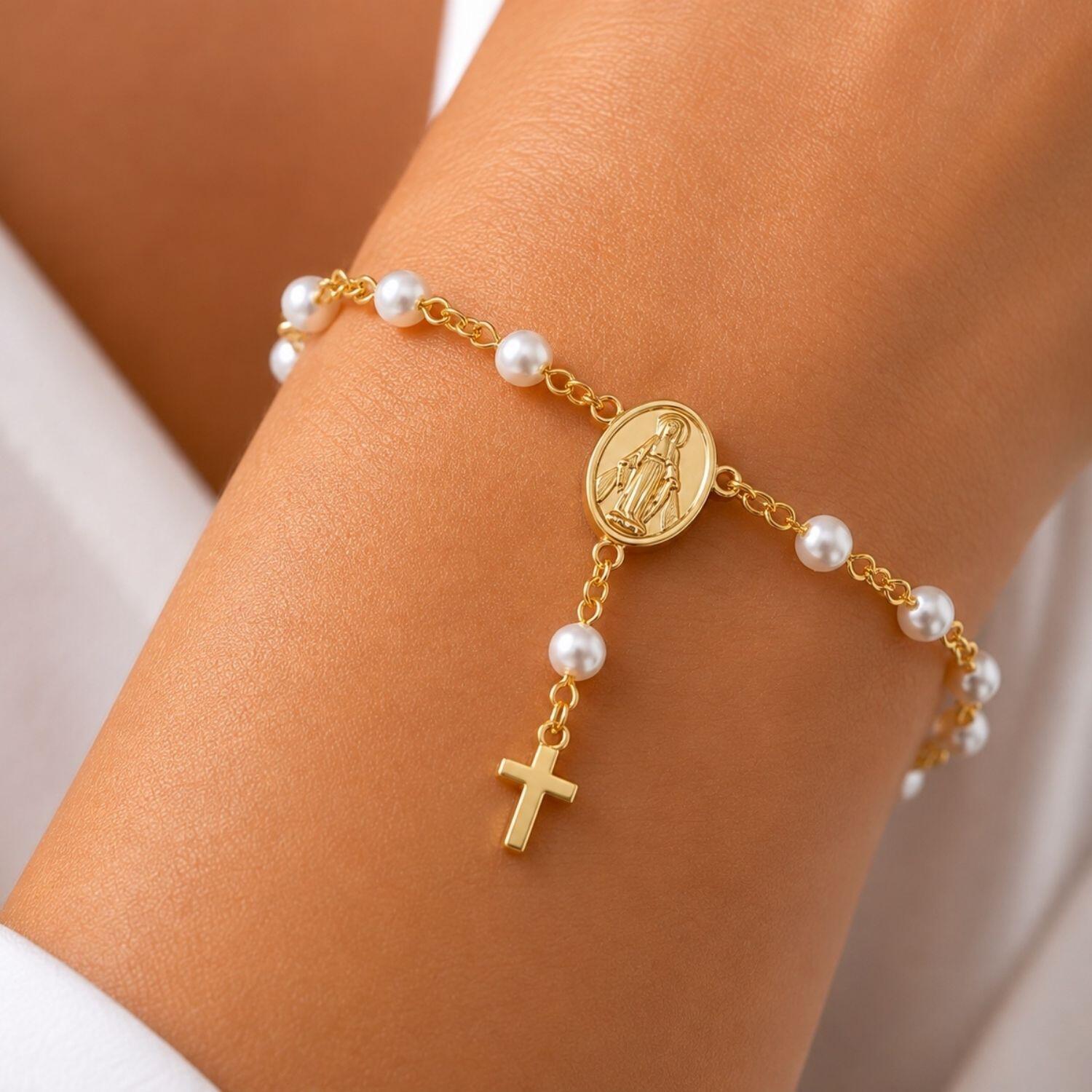 Pulseira Terço Pérola Nossa Senhora Milagrosa Banhado a Ouro