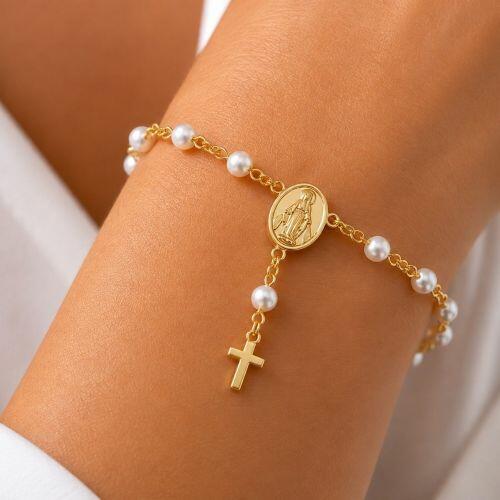 Pulseira Ter�o P�rola Nossa Senhora Milagrosa Banhado a Ouro
