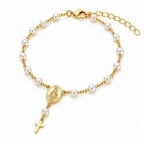 Pulseira Terço Pérola Nossa Senhora Milagrosa Banhado a Ouro