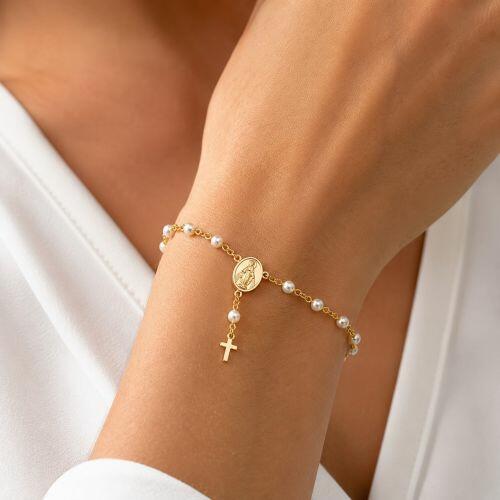 Pulseira Terço Pérola Nossa Senhora Milagrosa Banhado a Ouro
