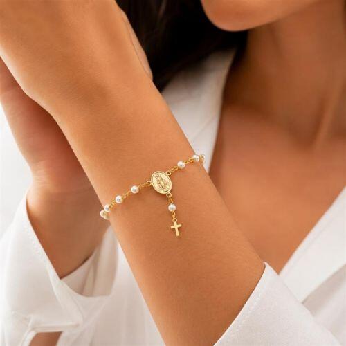 Pulseira Terço Pérola Nossa Senhora Milagrosa Banhado a Ouro