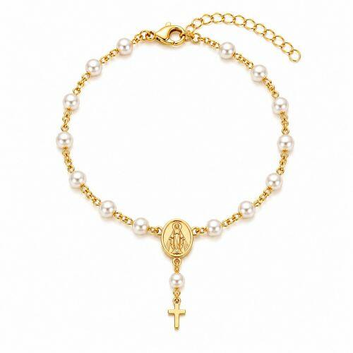 Pulseira Ter�o P�rola Nossa Senhora Milagrosa Banhado a Ouro