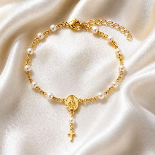 Pulseira Terço Pérola Nossa Senhora Milagrosa Banhado a Ouro