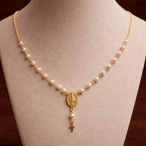 Colar Ter�o P�rola Nossa Senhora Milagrosa Banhado a Ouro