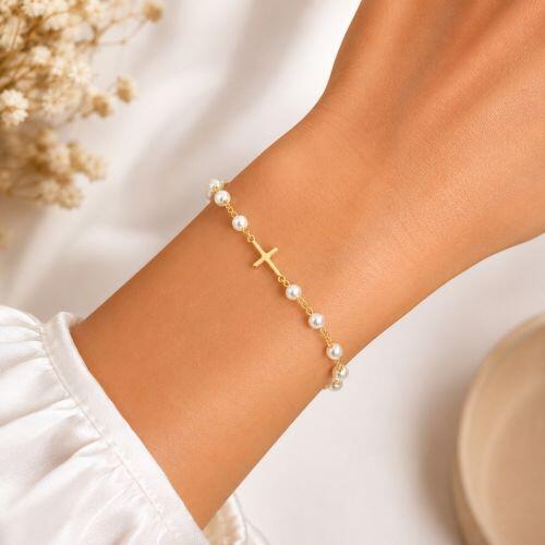 Pulseira Pérola com Cruz Banhado a Ouro