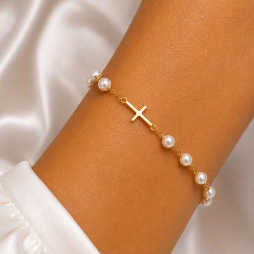 Pulseira P�rola com Cruz Banhado a Ouro