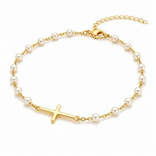 Pulseira Pérola com Cruz Banhado a Ouro