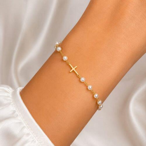 Pulseira Pérola com Cruz Banhado a Ouro