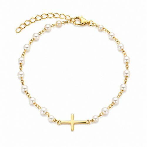 Pulseira P�rola com Cruz Banhado a Ouro