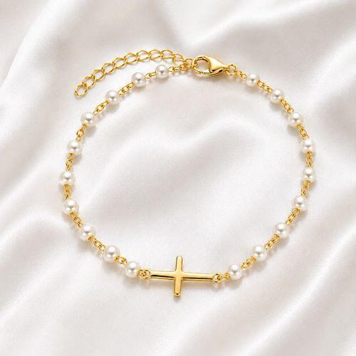 Pulseira Pérola com Cruz Banhado a Ouro