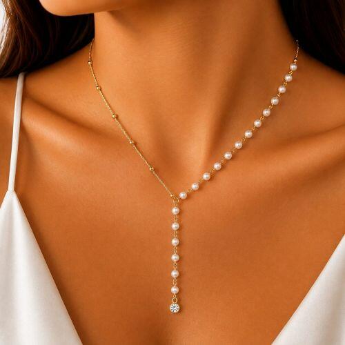 Choker Gravatinha P�rola e Bolas Lisa Banhado a Ouro