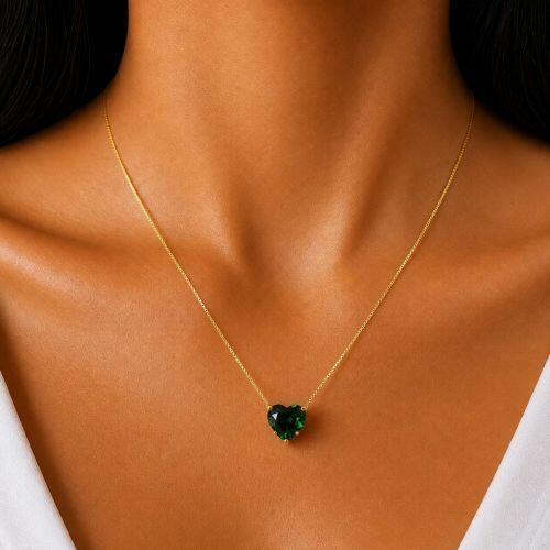 Colar Cora��o Zirc�nia Esmeralda Banhado a Ouro