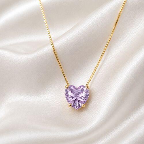 Colar Coração Zircônia Ametista Banhado a Ouro