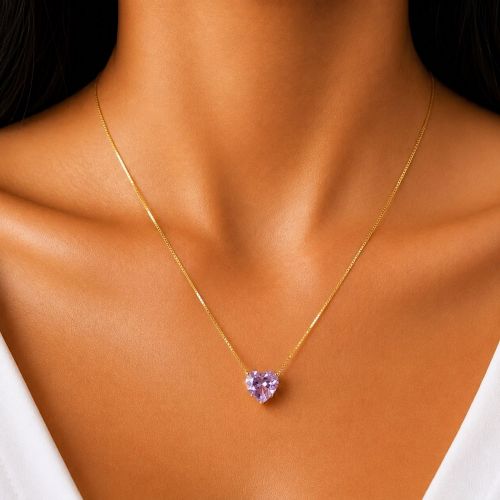 Colar Cora��o Zirc�nia Ametista Banhado a Ouro