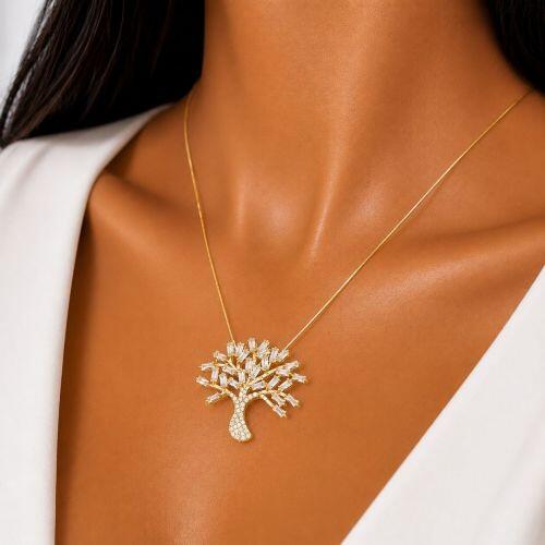 Colar �rvore da Vida com Zirc�nias Baguettes e Micro Banhado em Ouro18k